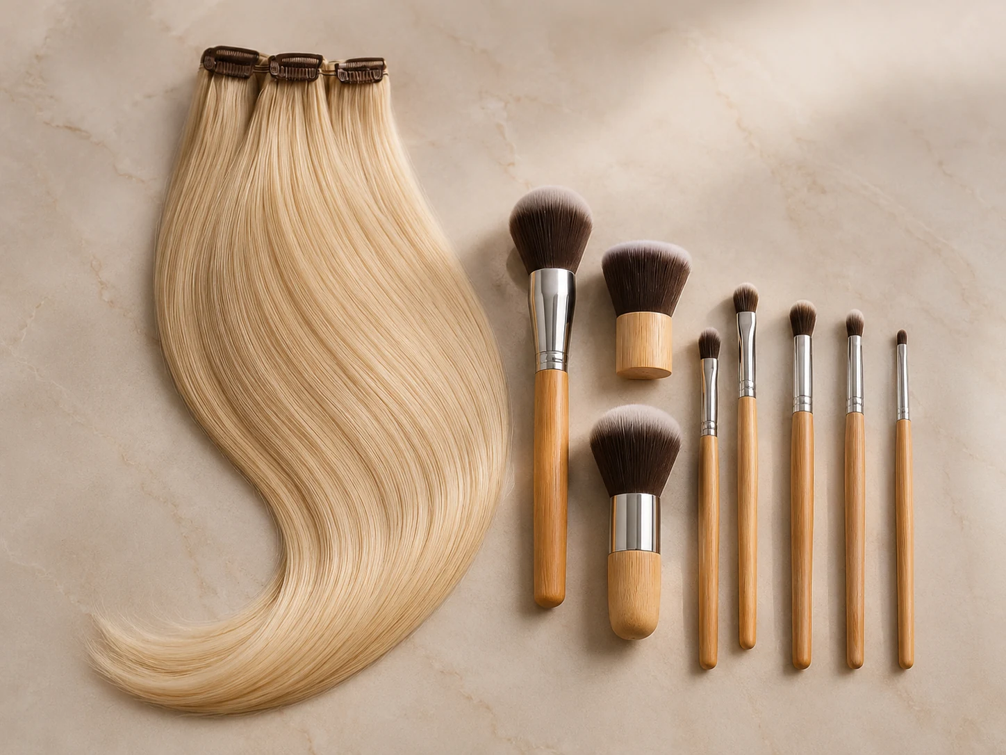 Extensión rubia natural con brochas profesionales sobre fondo elegante