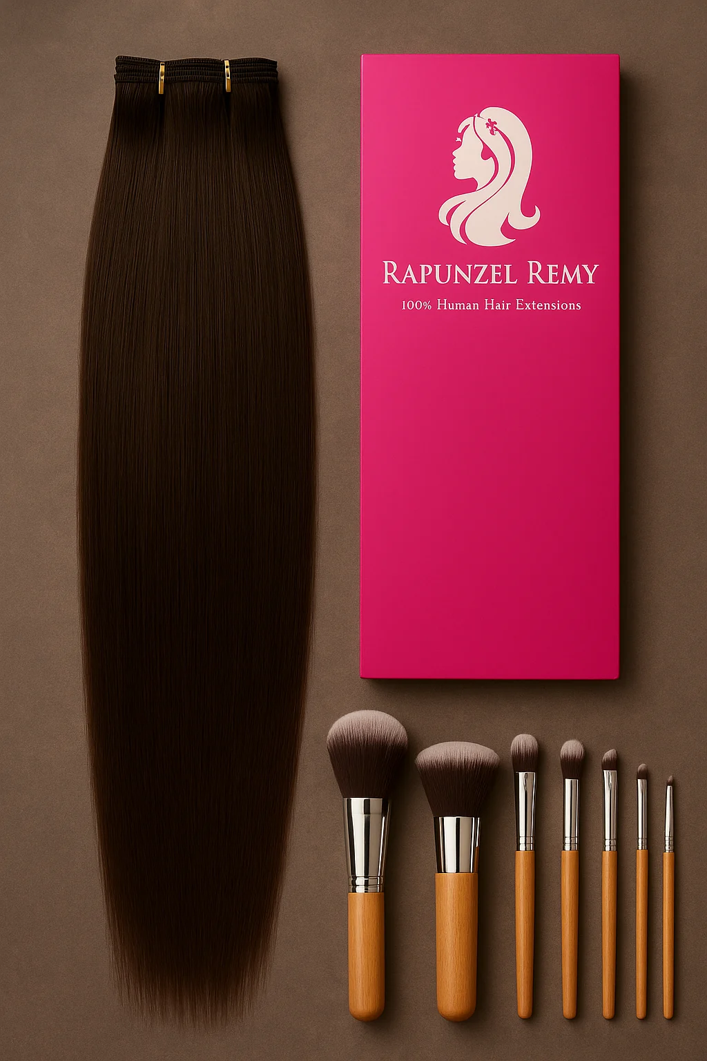 Extensiones Rapunzel Remy y brochas profesionales presentadas sobre un fondo elegante